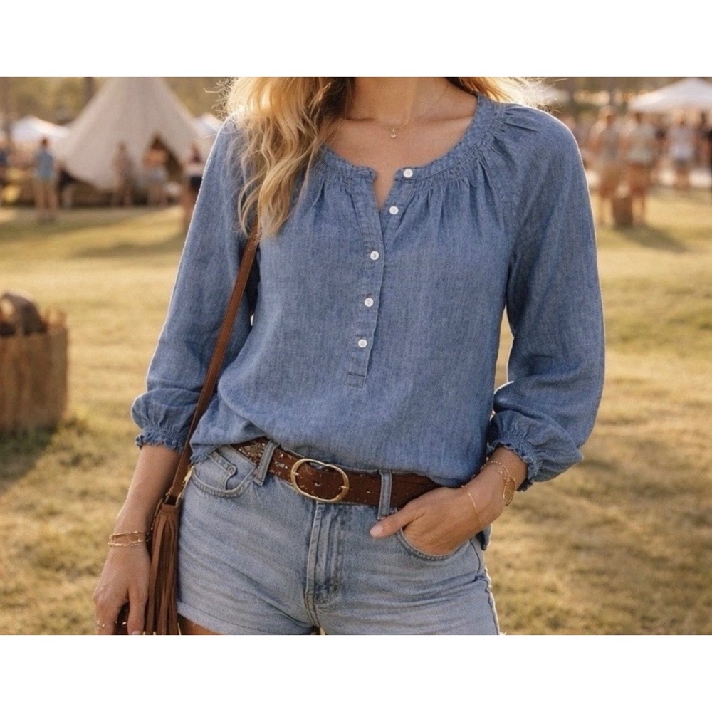 Faherty Boho Linen Odette Denim Chambray Western Peasant Blouse Indie S